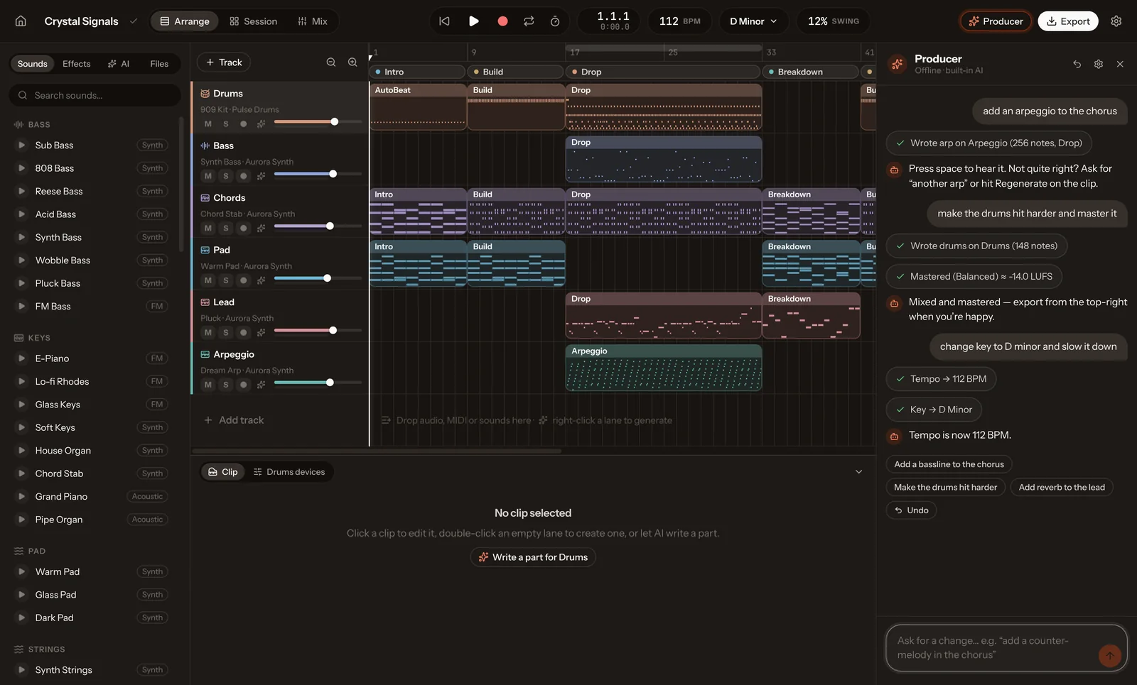 Moziko's arrangement view with drums, bass, chords, pad, lead and arpeggio tracks laid out in sections, and the AI Producer panel on the right