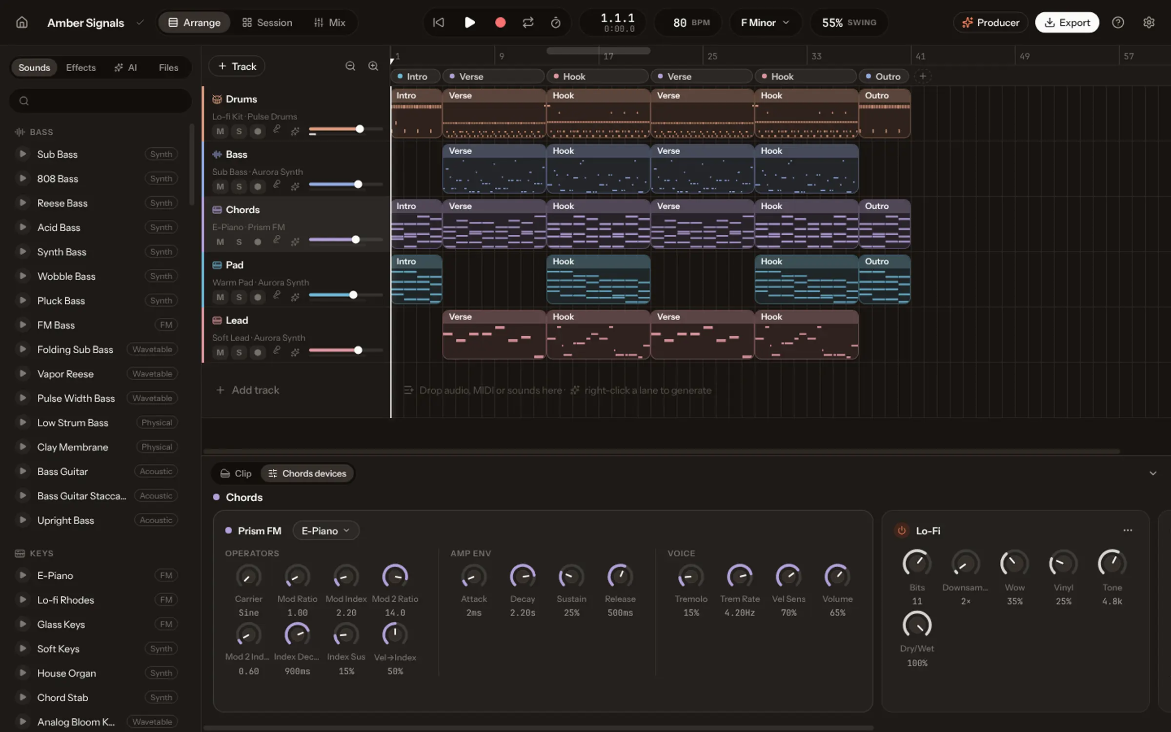 Die Geräte einer Spur: das Instrument mit seinen Reglern, dann ein Delay aus dem Effektmenü