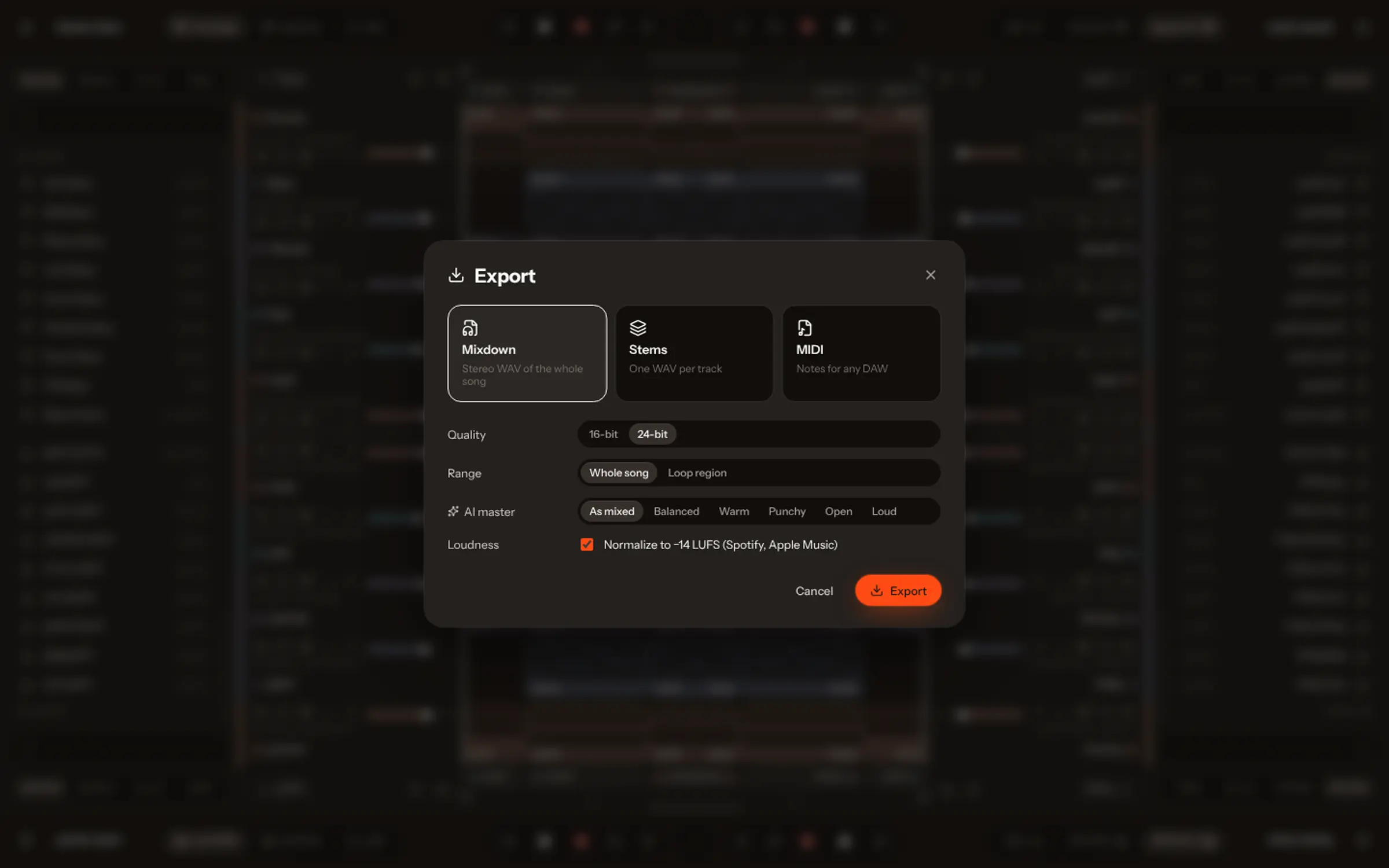 Der Export-Dialog von Koprod: Mixdown, Stems oder MIDI, 24 Bit, normalisiert auf −14 LUFS