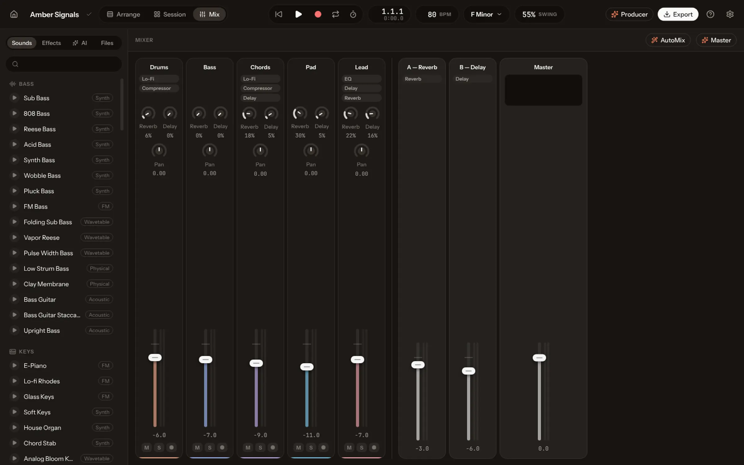 Der Mixer: ein Fader heruntergezogen, dann gleicht AutoMix jede Spur aus