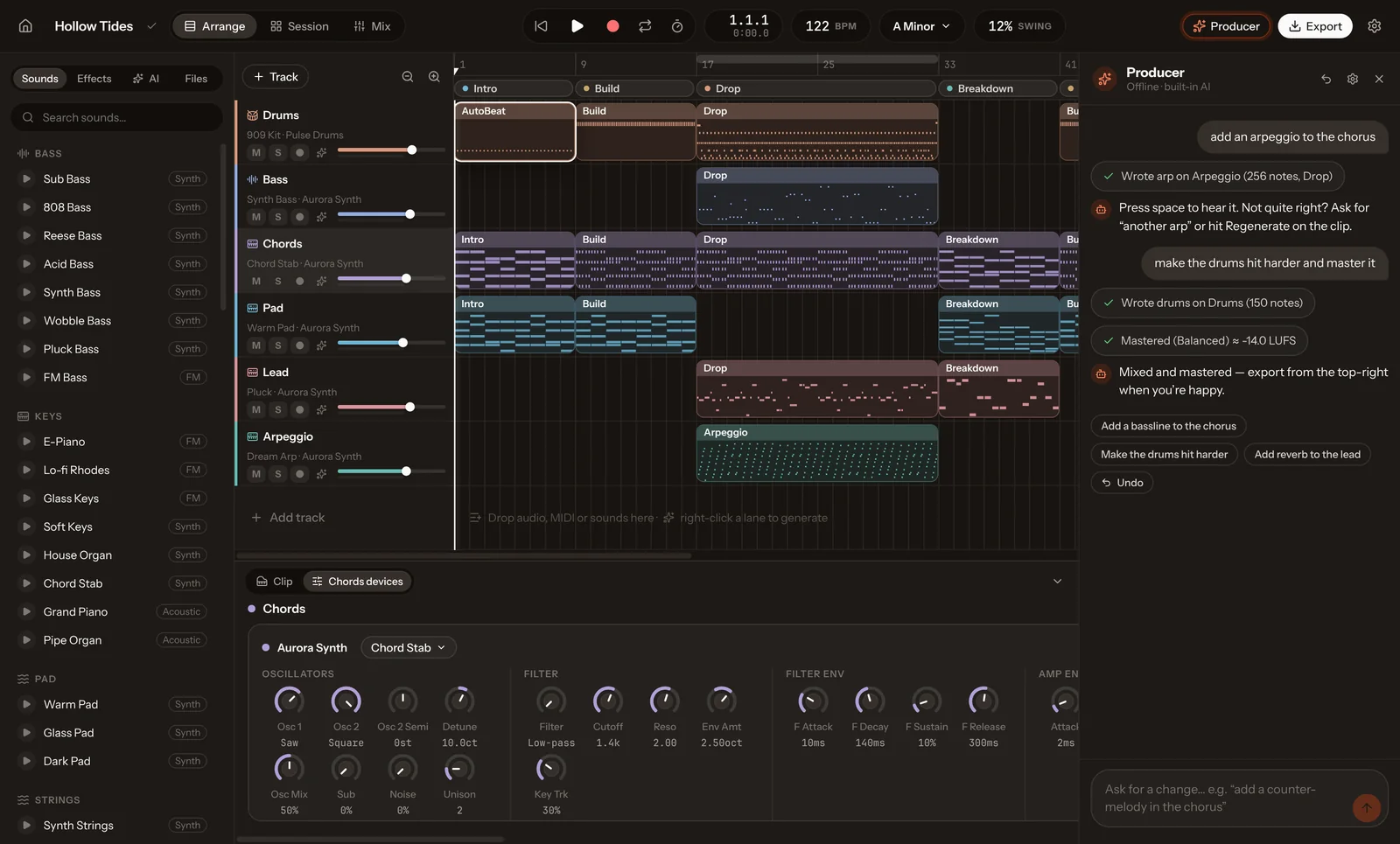 Synth device with oscillators, filter and envelopes, followed by effects