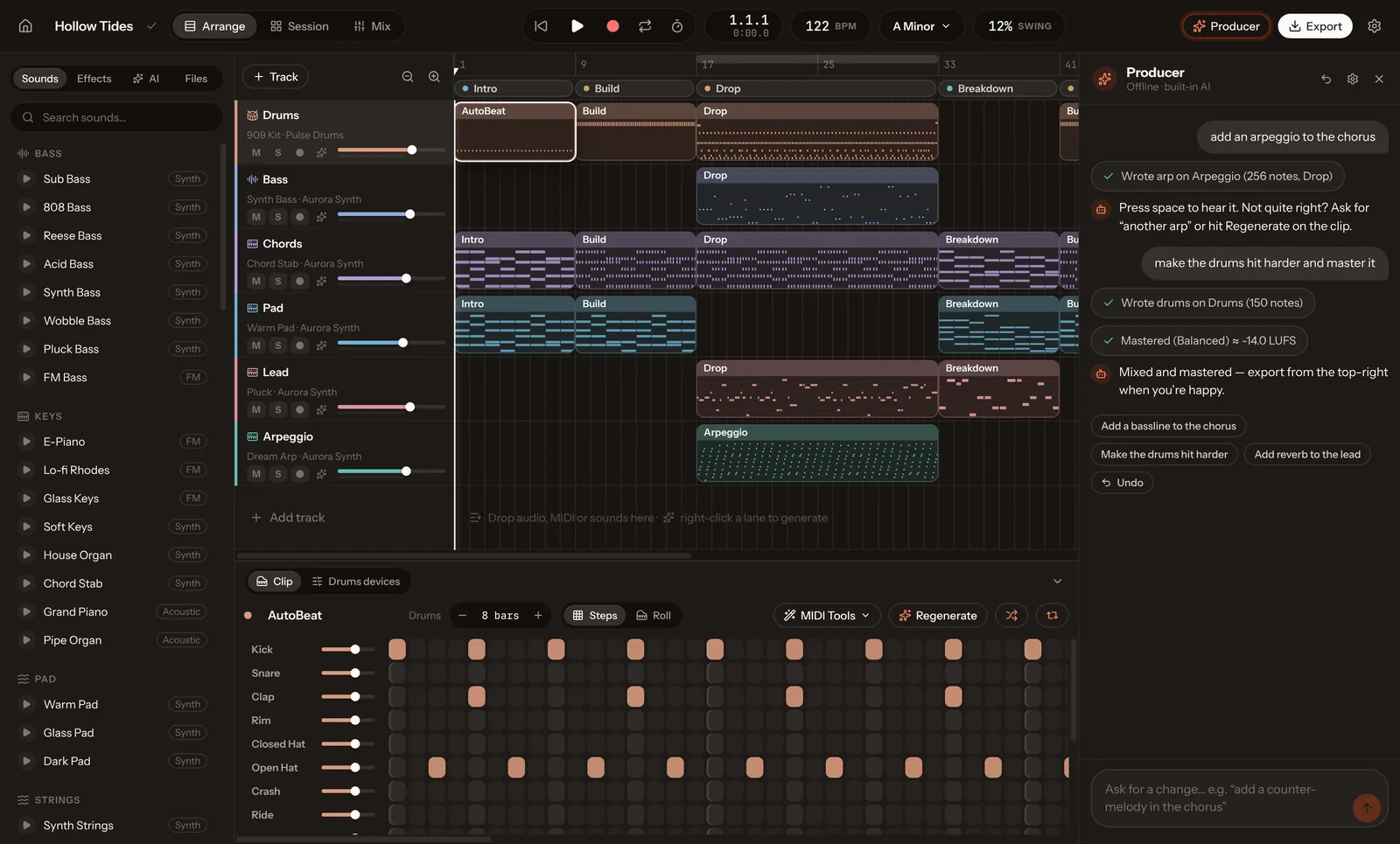 Drum step sequencer with kick, snare, clap and hat rows