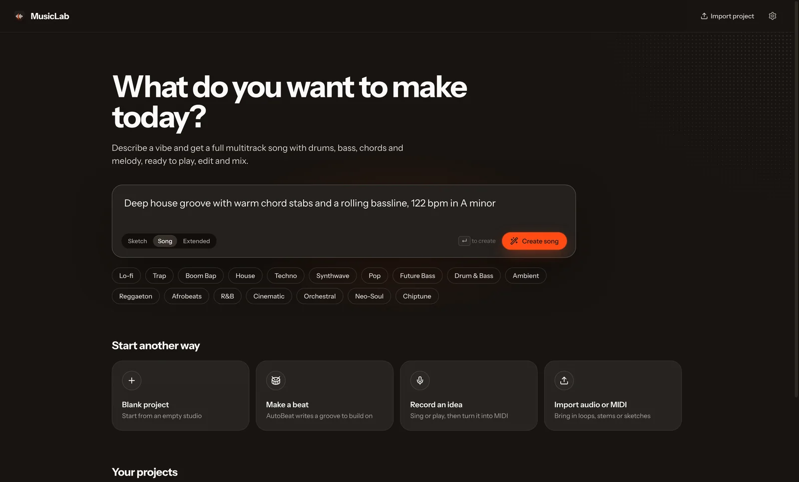 Moziko home screen with a prompt box reading “Deep house groove with warm chord stabs and a rolling bassline, 122 bpm in A minor”, length options and genre chips