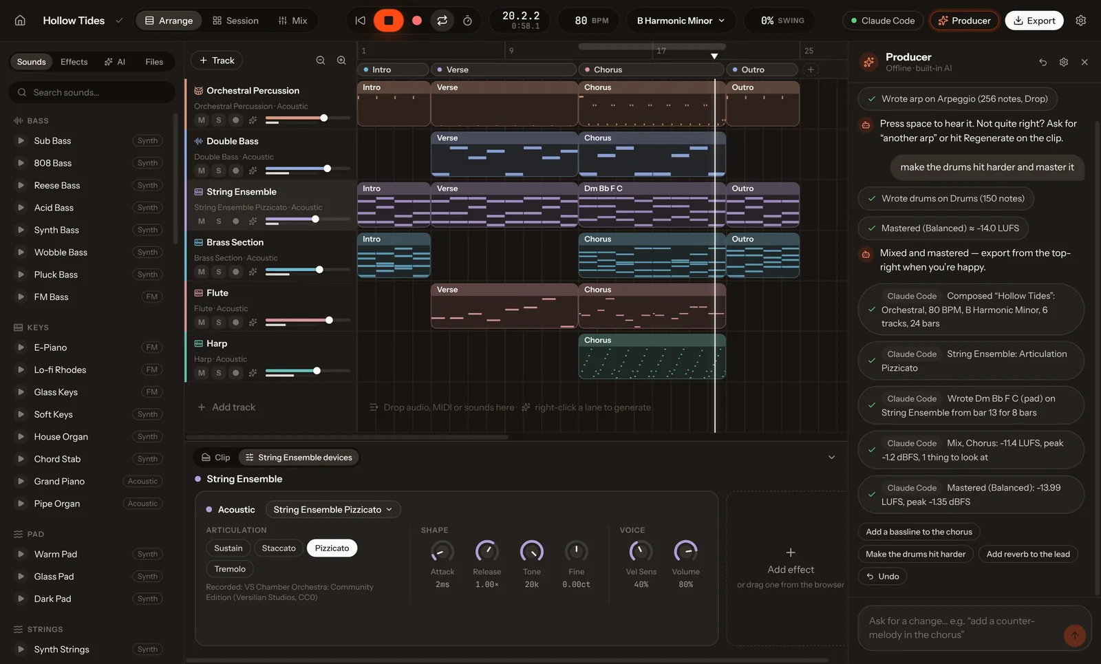 Moziko after an MCP session: an orchestral song with tool calls from Claude Code listed in the activity panel