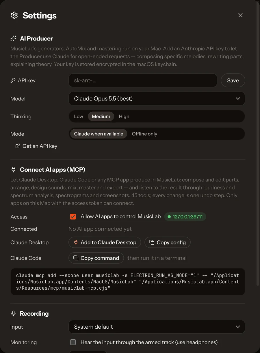 Koprod settings section for connecting AI apps, with the access switch, the Claude Desktop button and the Claude Code command