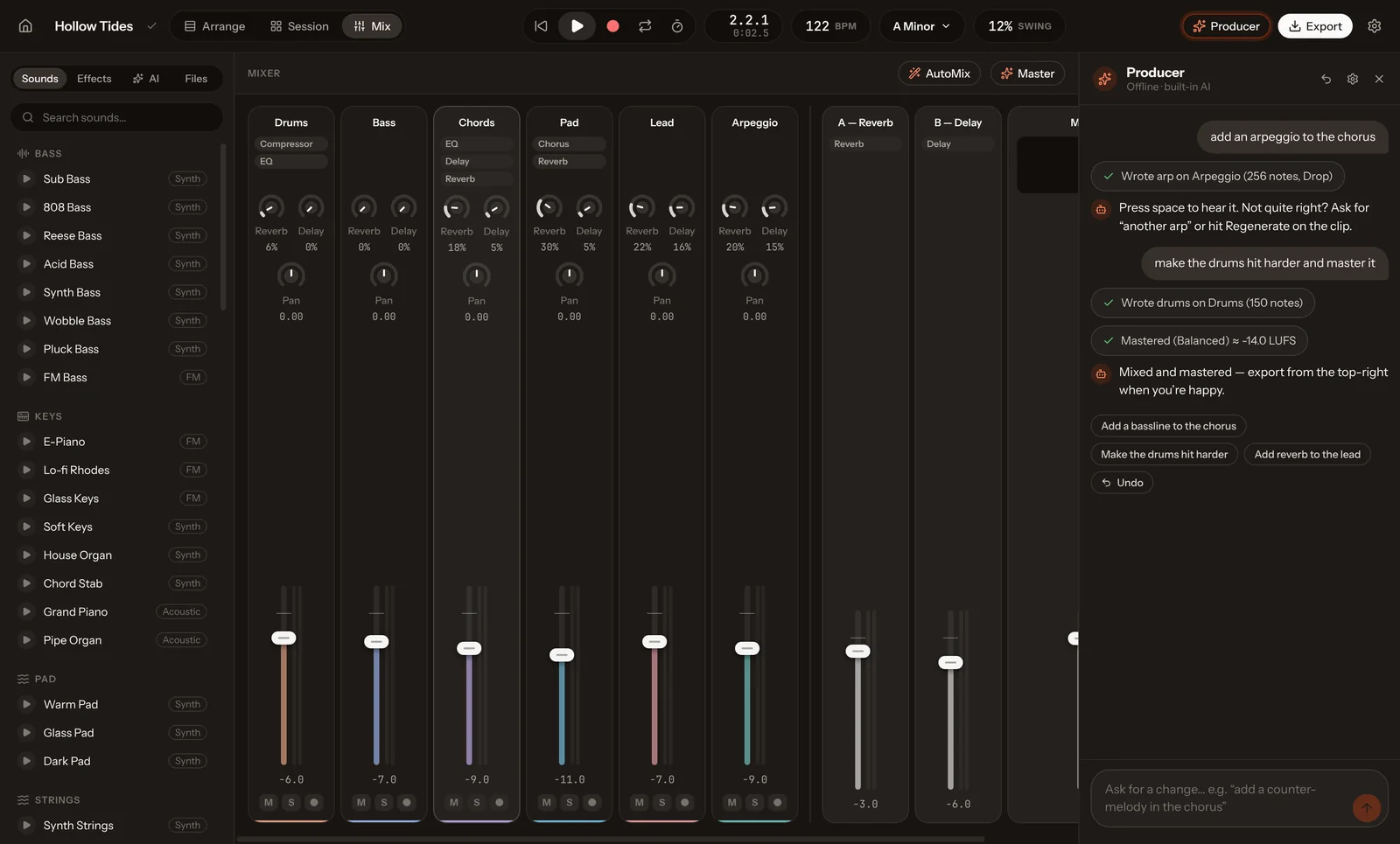 Mixer with channel strips, sends and meters while the song plays