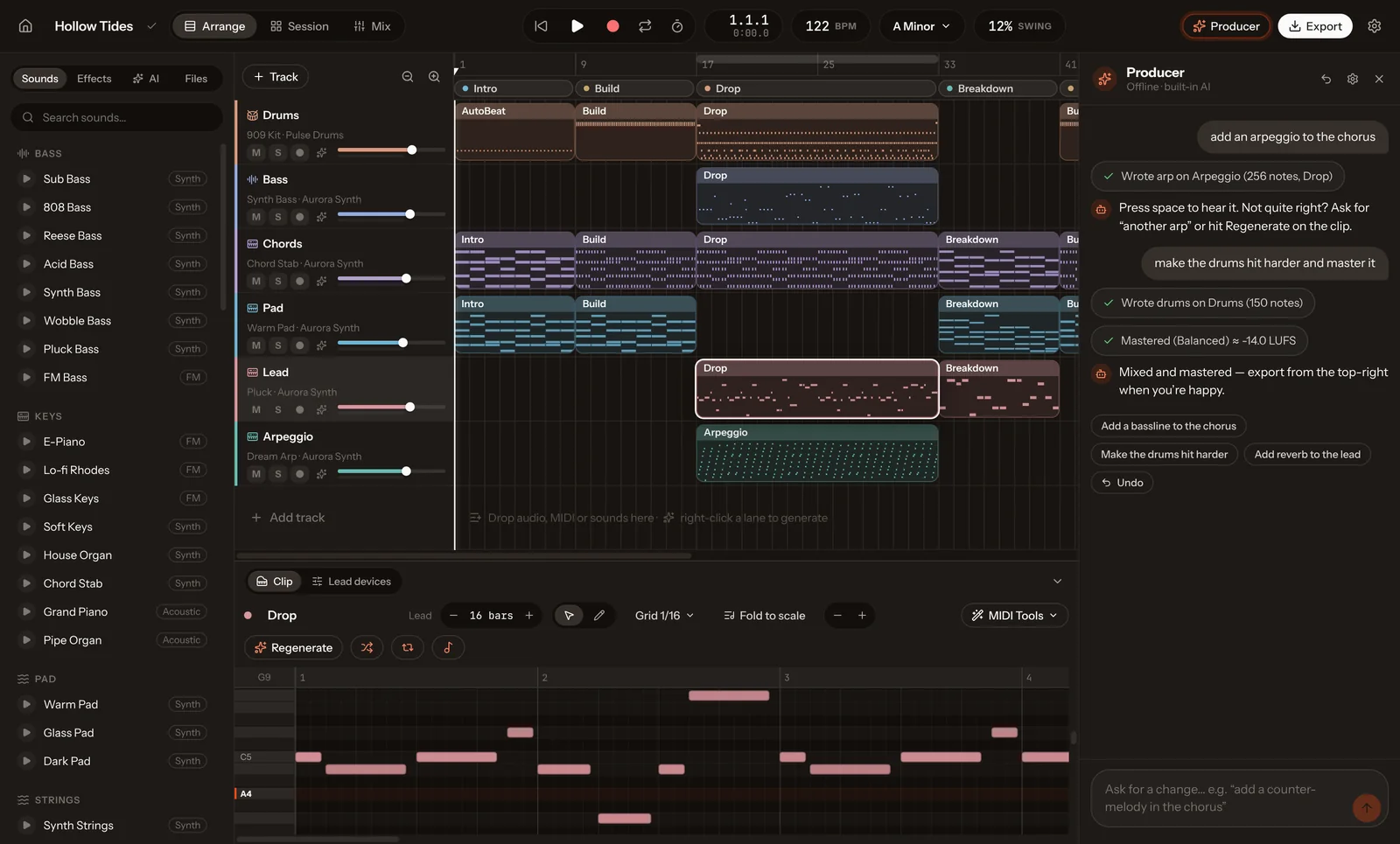Piano roll with a melody, scale highlighting and MIDI tools