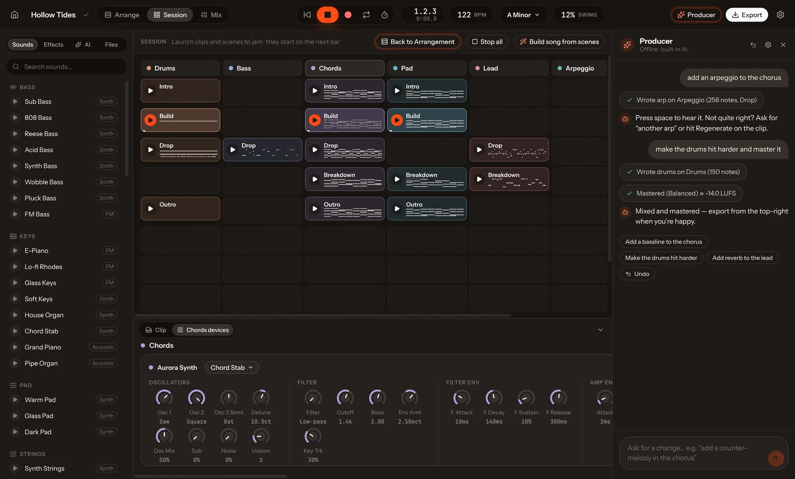 Session view: a grid of clips per track and scene, with scenes playing
